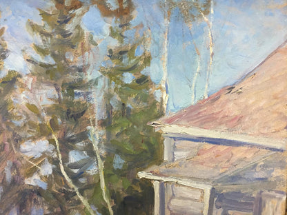 Oil painting of rustic wooden porch in winter by Elena Alekseevna Birulya