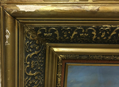Antique gold leaf frame with black gilt details on Winter came oil painting by Elena Alekseevna Birulya