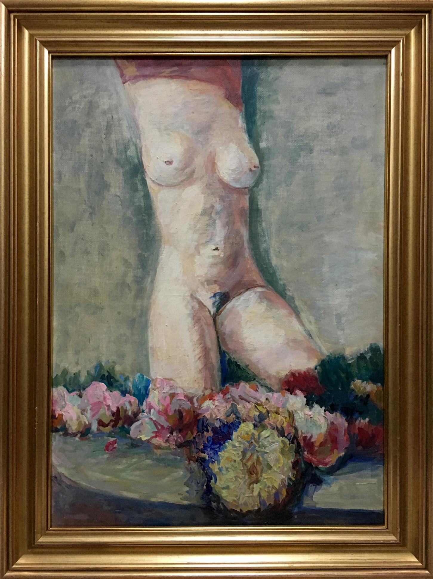 Oil painting Undraped girl by Valentin Dmitrievich Khrushch, figure figure with flowers