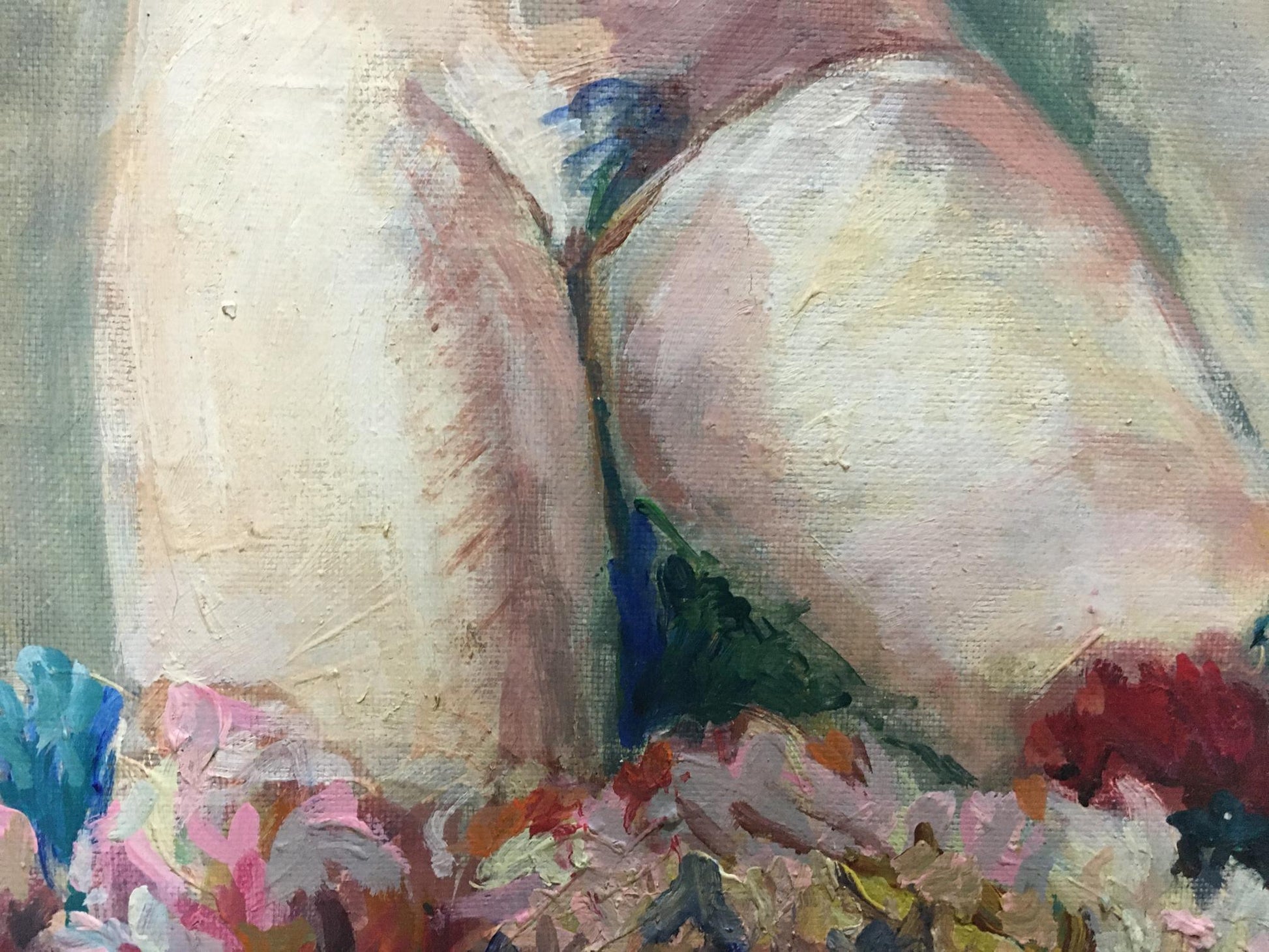 Oil painting of bare buttocks by Valentin Dmitrievich Khrushch, textured pink florals