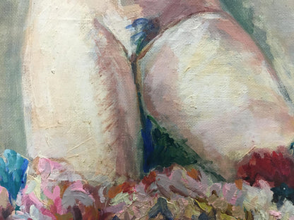 Oil painting of bare buttocks by Valentin Dmitrievich Khrushch, textured pink florals