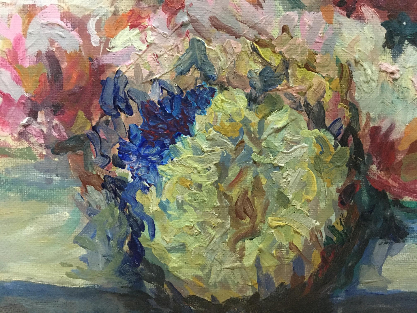 Vibrant impressionist oil painting of female figure by Valentin Dmitrievich Khrushch with blue yellow florals