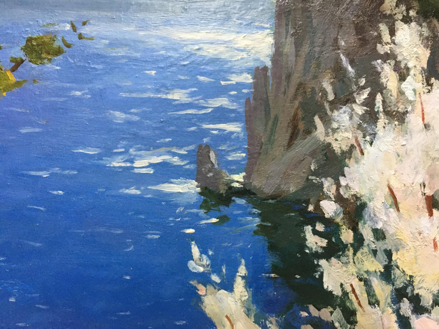 Oil painting River along the cliffs by Levichev A, rugged cliffside and blue water
