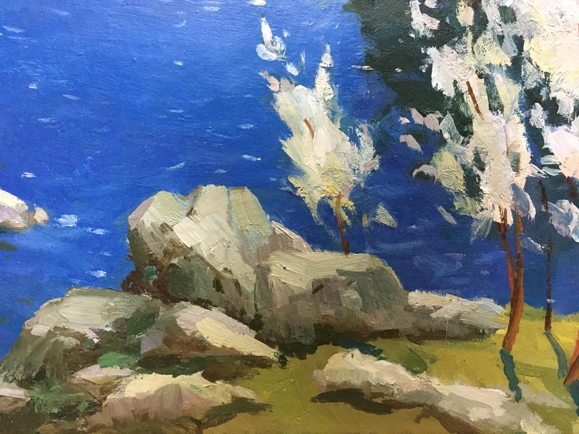Oil painting River along the cliffs by Levichev A: gray rocks, blue sea, white trees