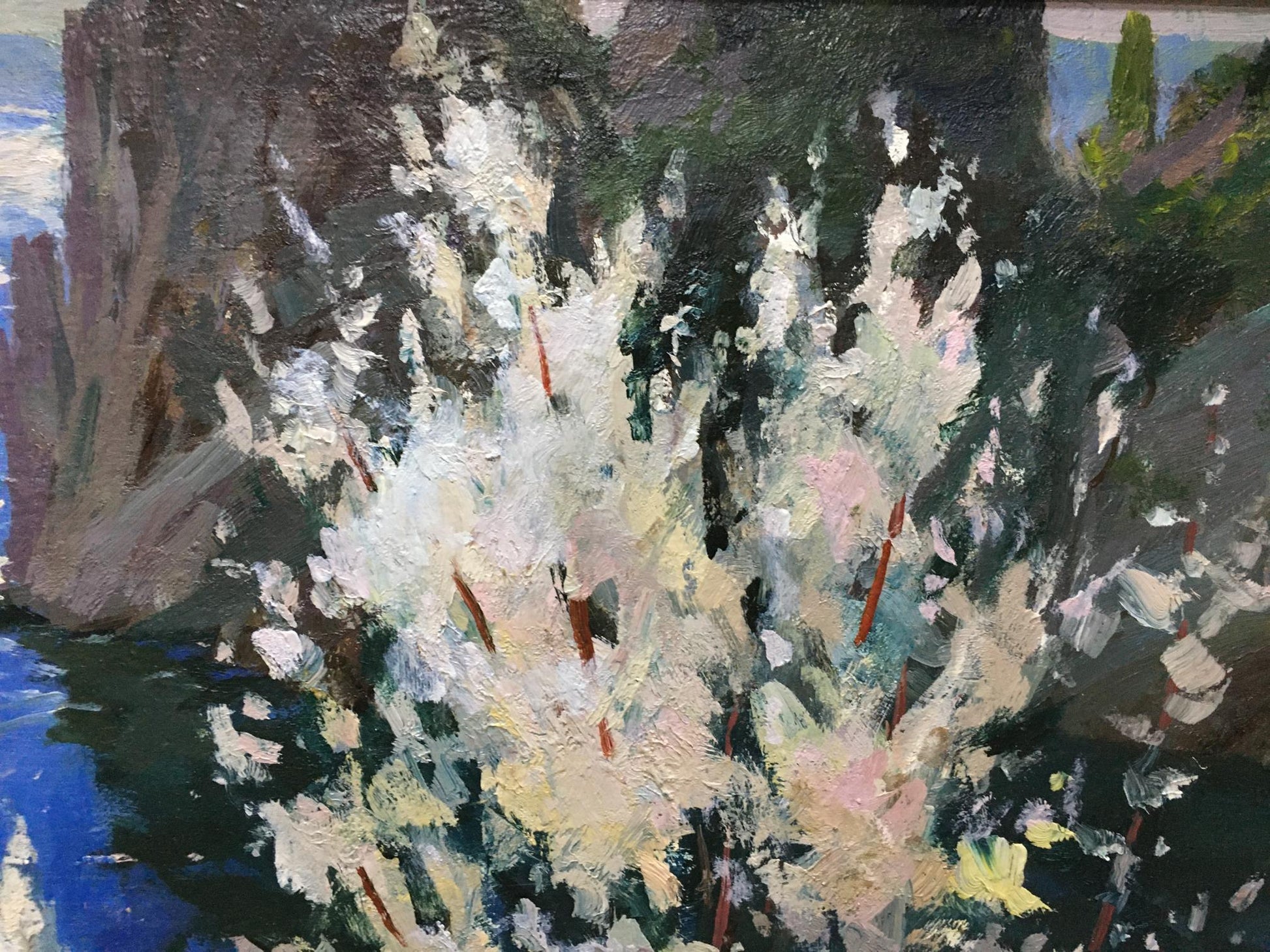 Oil painting River along the cliffs by Levichev A with pink flowers