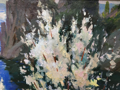 Oil painting River along the cliffs by Levichev A with pink flowers