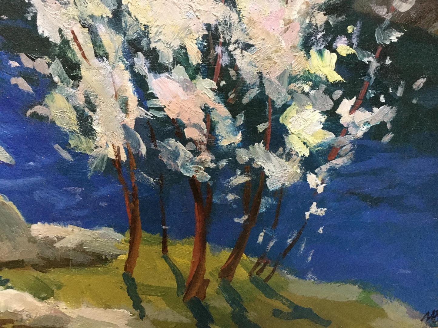 Vibrant impressionist oil painting of blossoming trees by Levichev A