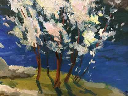 Vibrant impressionist oil painting of blossoming trees by Levichev A