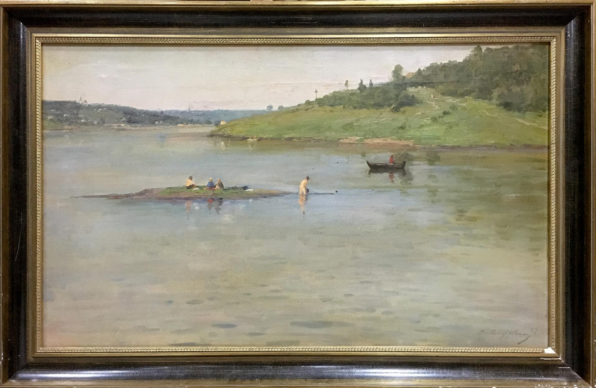 Framed Eye of Kaluga oil painting by Fedorovich V.G., serene river scene