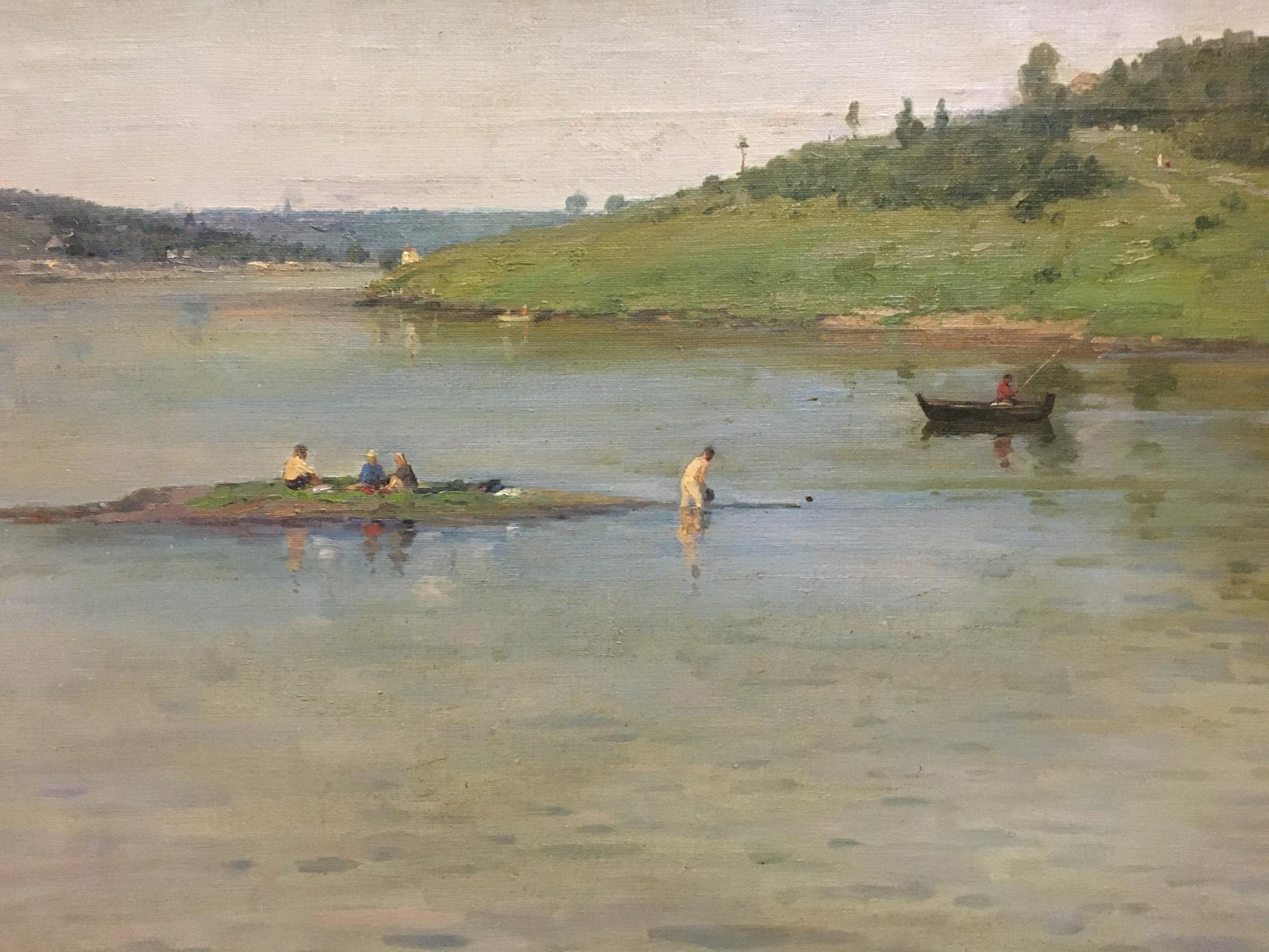 Oil painting Eye of Kaluga by Fedorovich V.G.: serene river with raft and boat