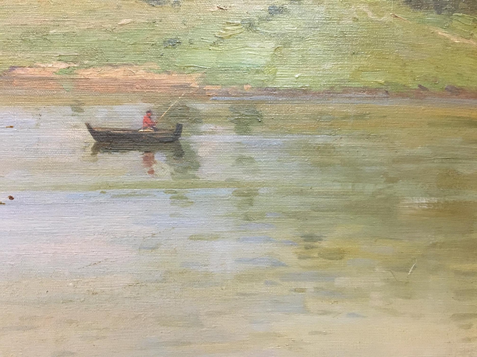 Oil painting Eye of Kaluga by Fedorovich V.G.: rowboat on greenish water