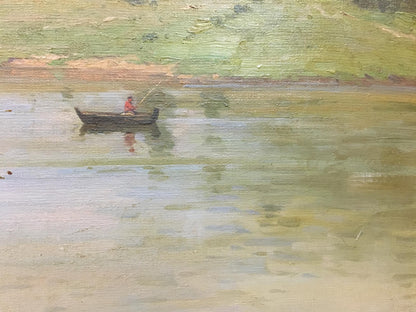 Oil painting Eye of Kaluga by Fedorovich V.G.: rowboat on greenish water