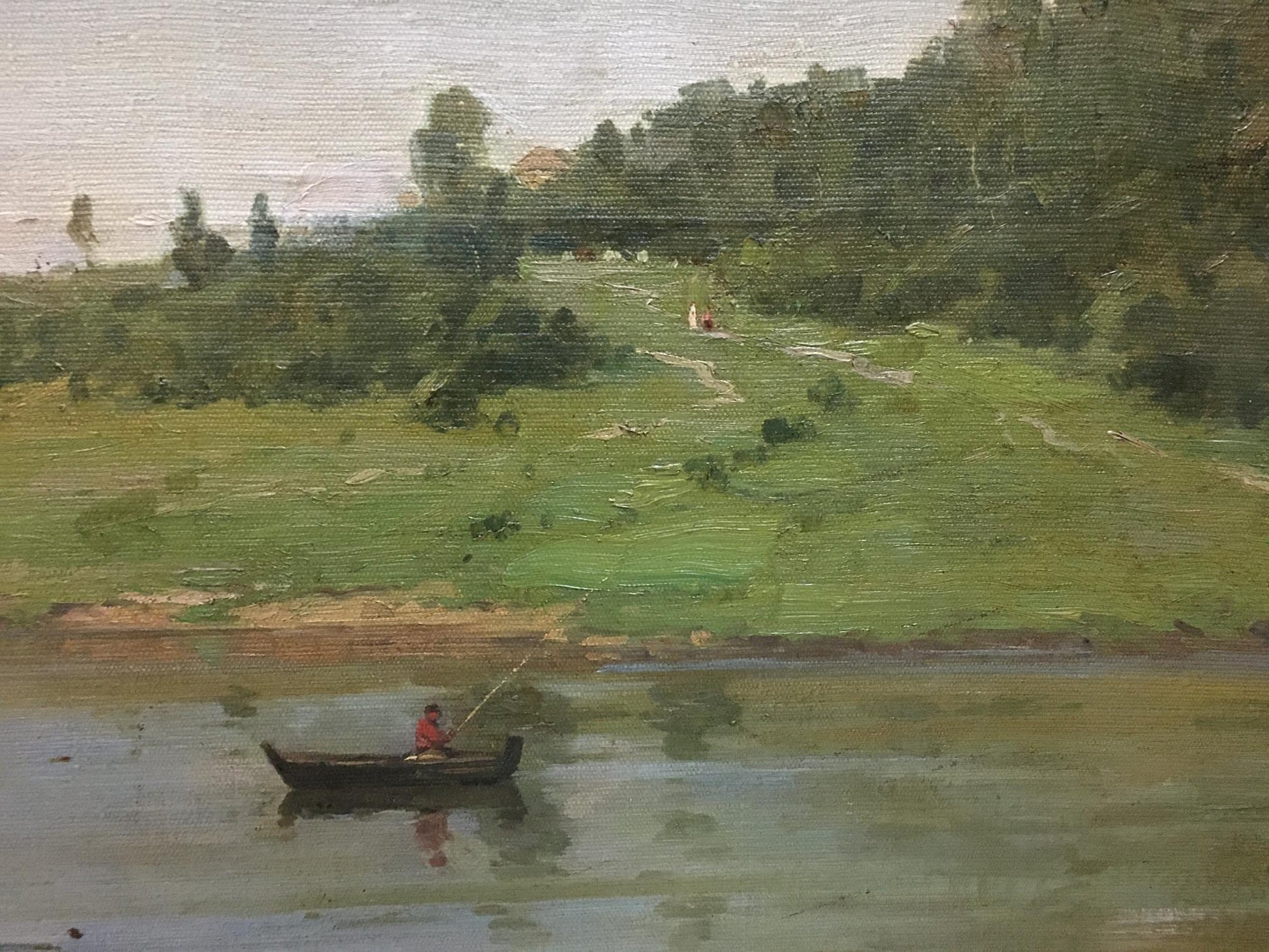 Oil painting by Eye of Kaluga Fedorovich V.G.: dark rowboat with red figure on calm water