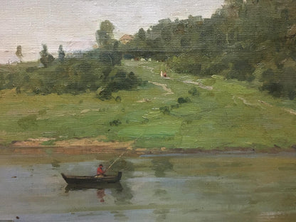 Oil painting by Eye of Kaluga Fedorovich V.G.: dark rowboat with red figure on calm water