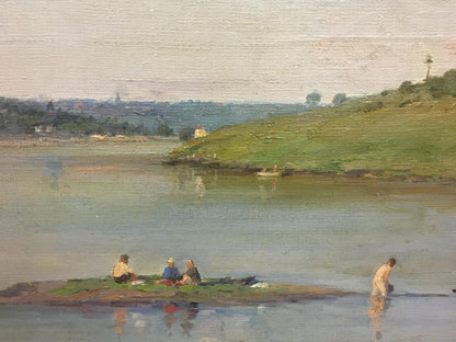 Oil painting Eye of Kaluga by Fedorovich V.G.: serene river scene with figures relaxing