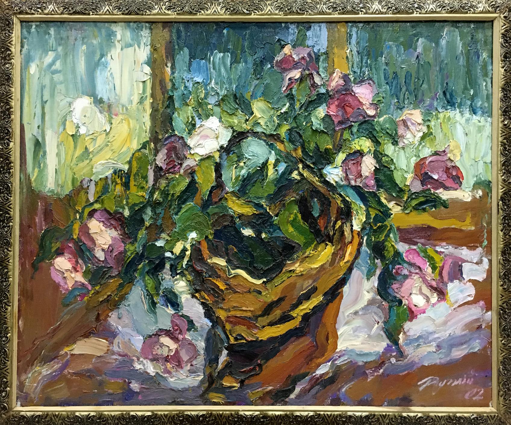 Oil painting Flowers Sergey Dupliy: impressionist roses in gold vase