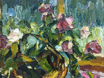 Vibrant impressionist oil painting of blooming roses by Sergey Dupliy
