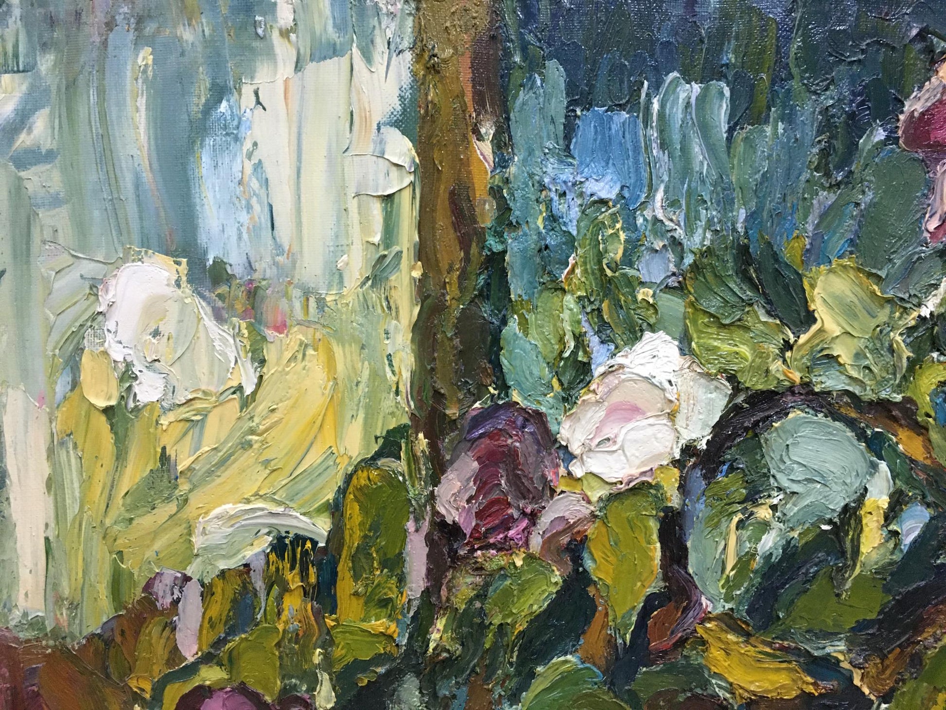 Oil painting Flowers Sergey Dupliy: lush green foliage, white flowers impasto