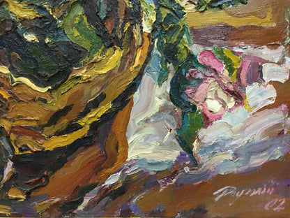 Vibrant impressionist oil painting of pink rose by Sergey Dupliy