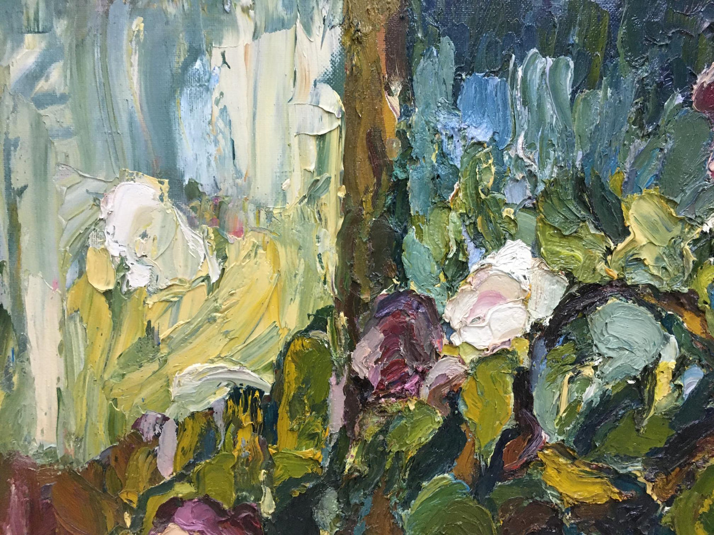 Oil painting Flowers by Sergey Dupliy: impressionist lush greens and flowers