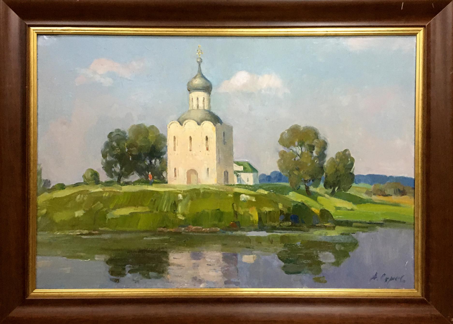 Oil painting of church on hill by Strelov Arkady Efimovich, framed
