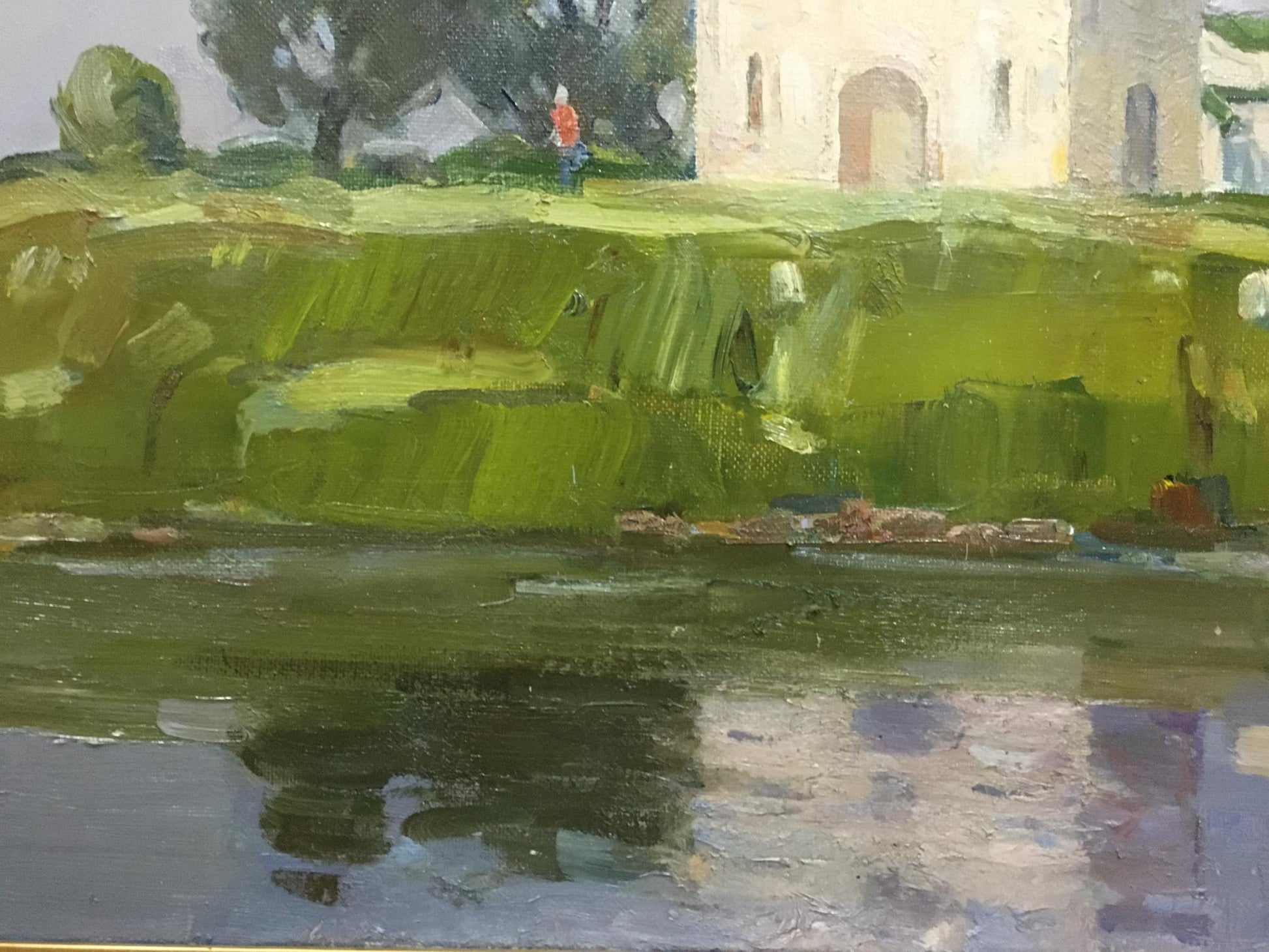 Oil painting of church landscape by Strelov Arkady Efimovich, reflected in water
