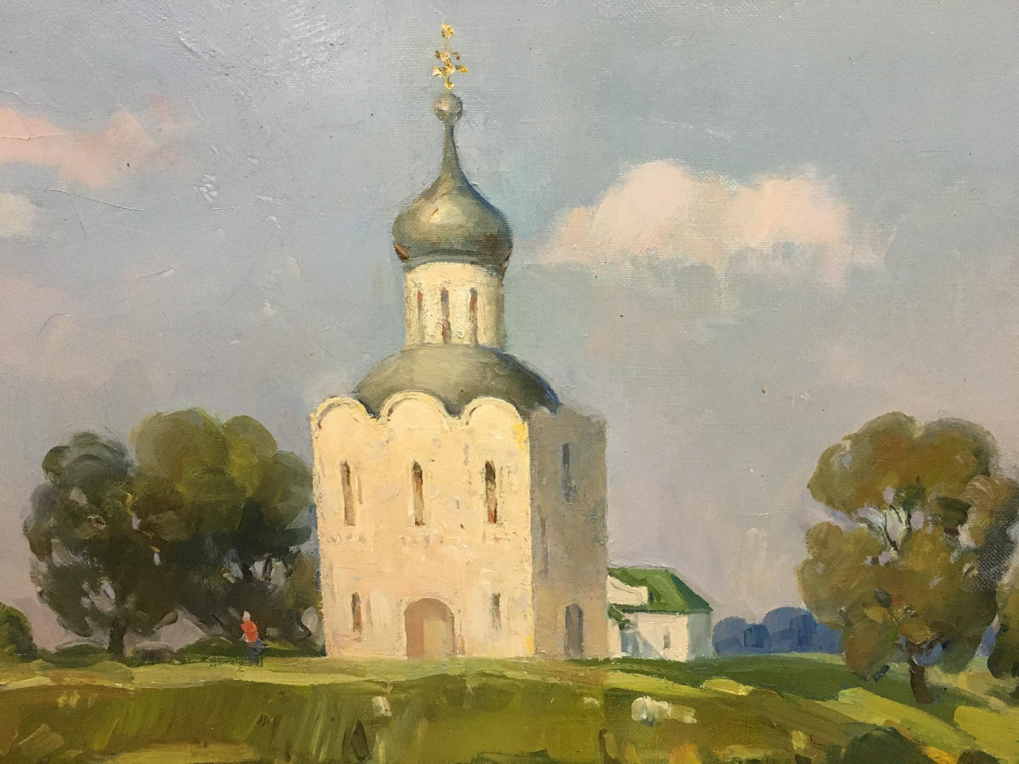 Oil painting by Strelov Arkady Efimovich: white stone church with green dome