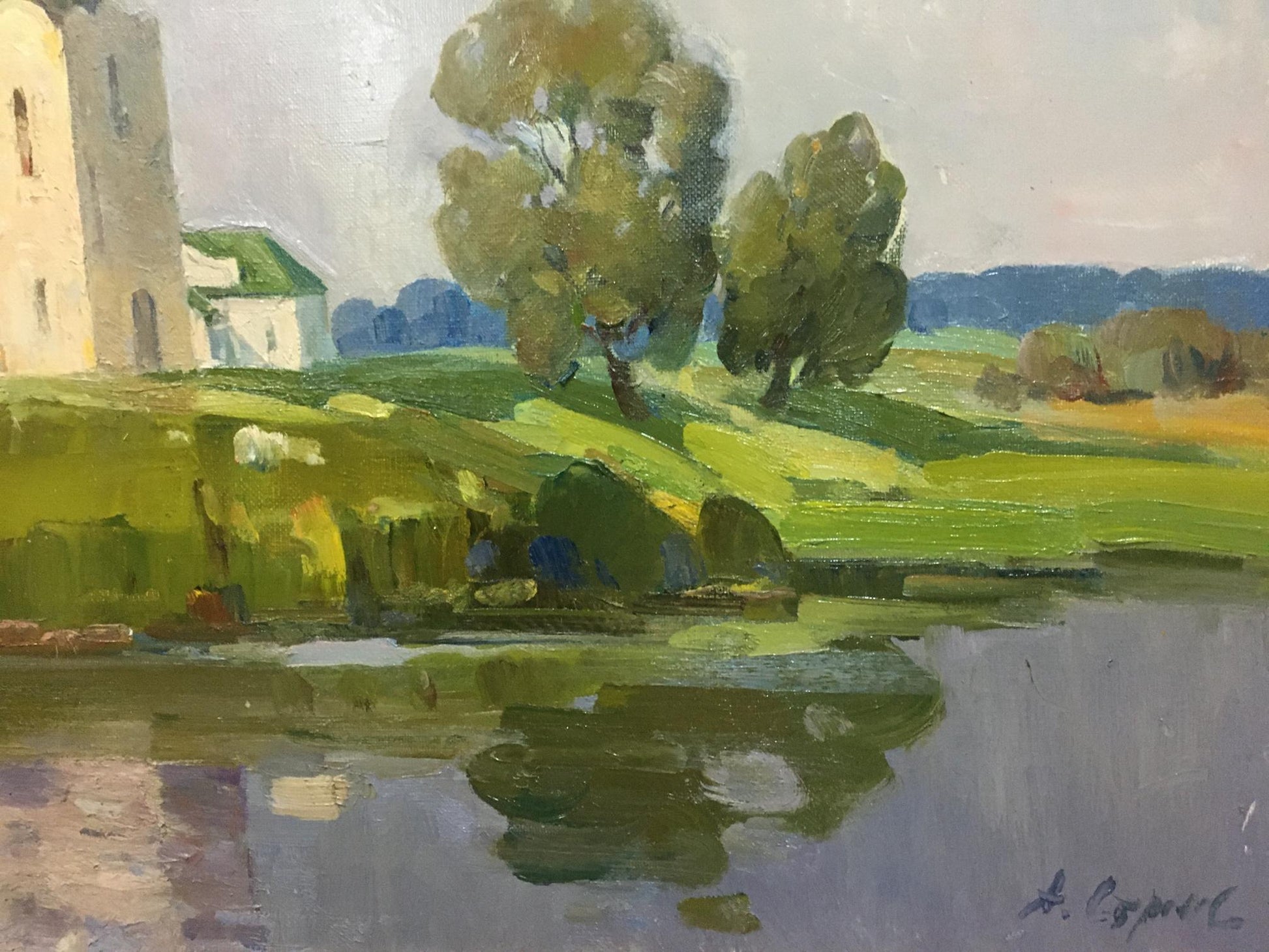 Serene impressionistic oil painting by Strelov Arkady Efimovich of tranquil river landscape with church