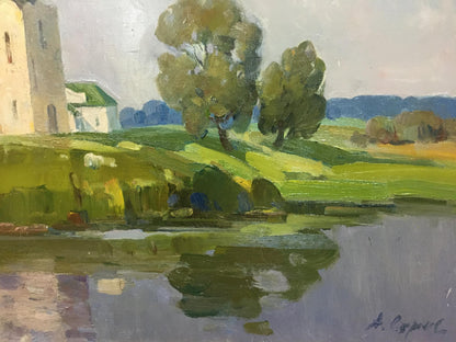 Serene impressionistic oil painting by Strelov Arkady Efimovich of tranquil river landscape with church