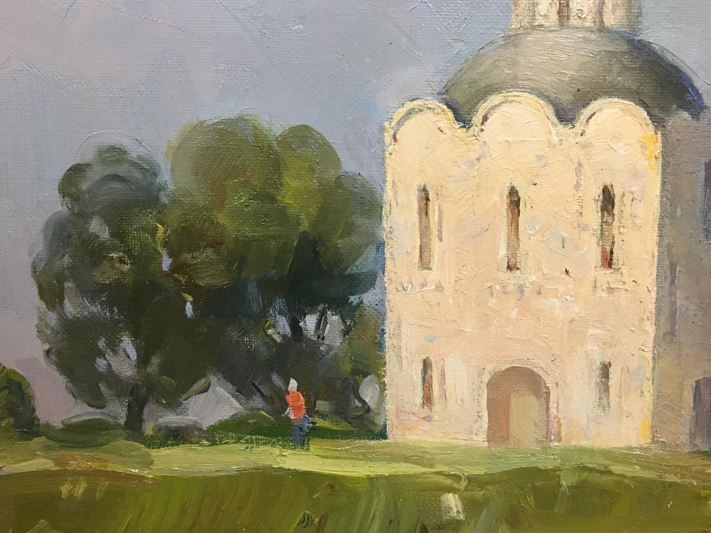 Oil painting of cream stone church tower by Strelov Arkady Efimovich