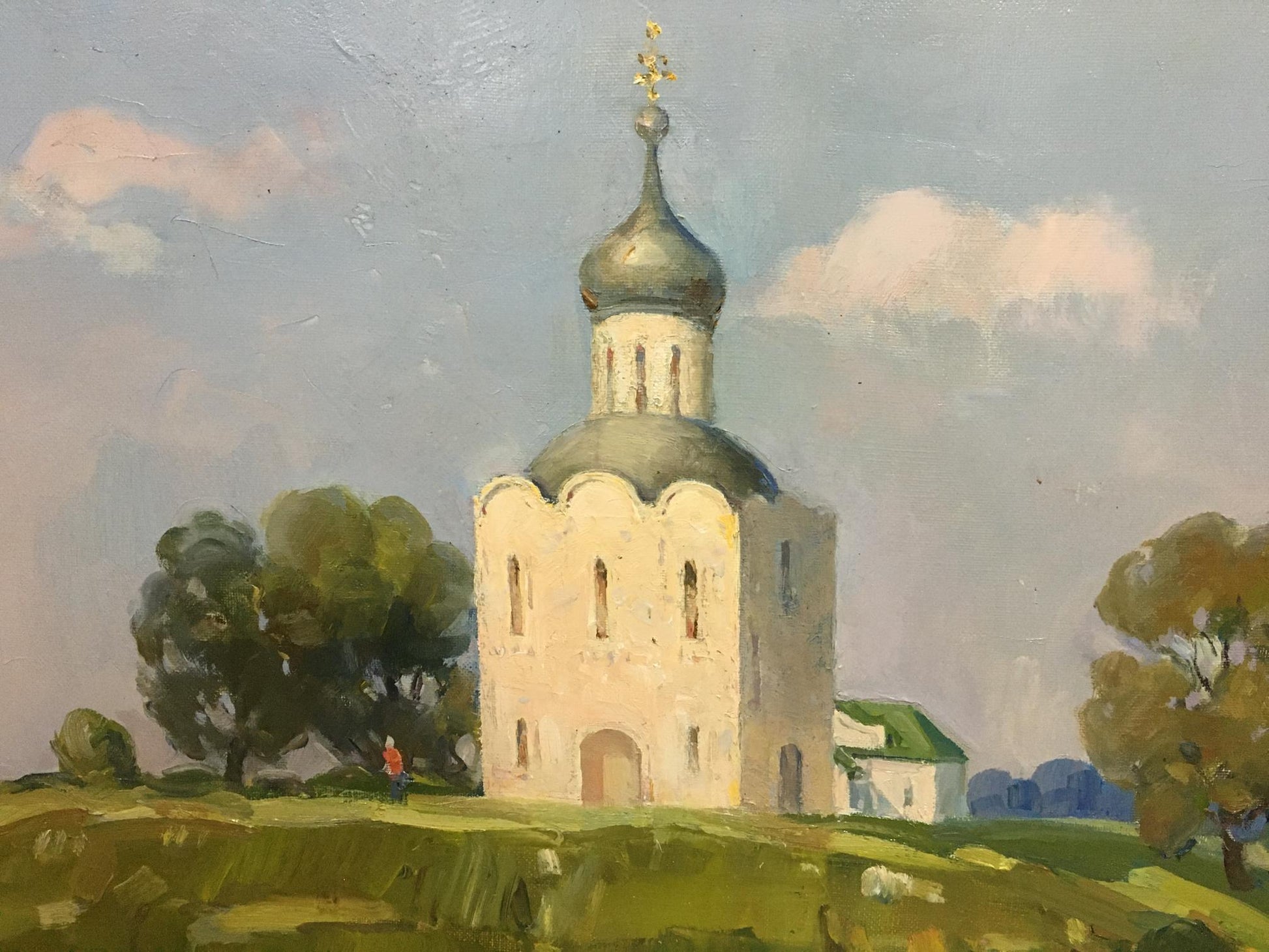 Oil painting by Strelov Arkady Efimovich: white stone church with green onion dome
