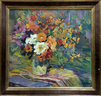 Vibrant Zinaida Sokolova oil painting of colorful bouquet in green vase