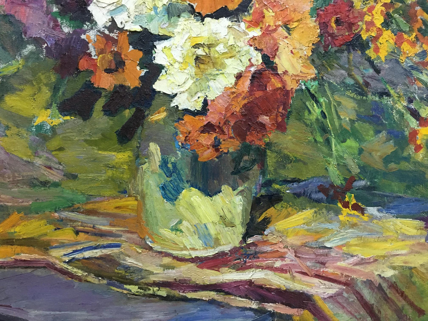 Vibrant impressionistic oil painting of gorgeous bouquet by Zinaida Sokolova in greenish-blue vase