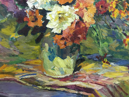 Vibrant impressionistic oil painting of gorgeous bouquet by Zinaida Sokolova in greenish-blue vase