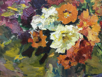 Vibrant impressionist oil painting of Zinaida Sokolova gorgeous bouquet in orange and white