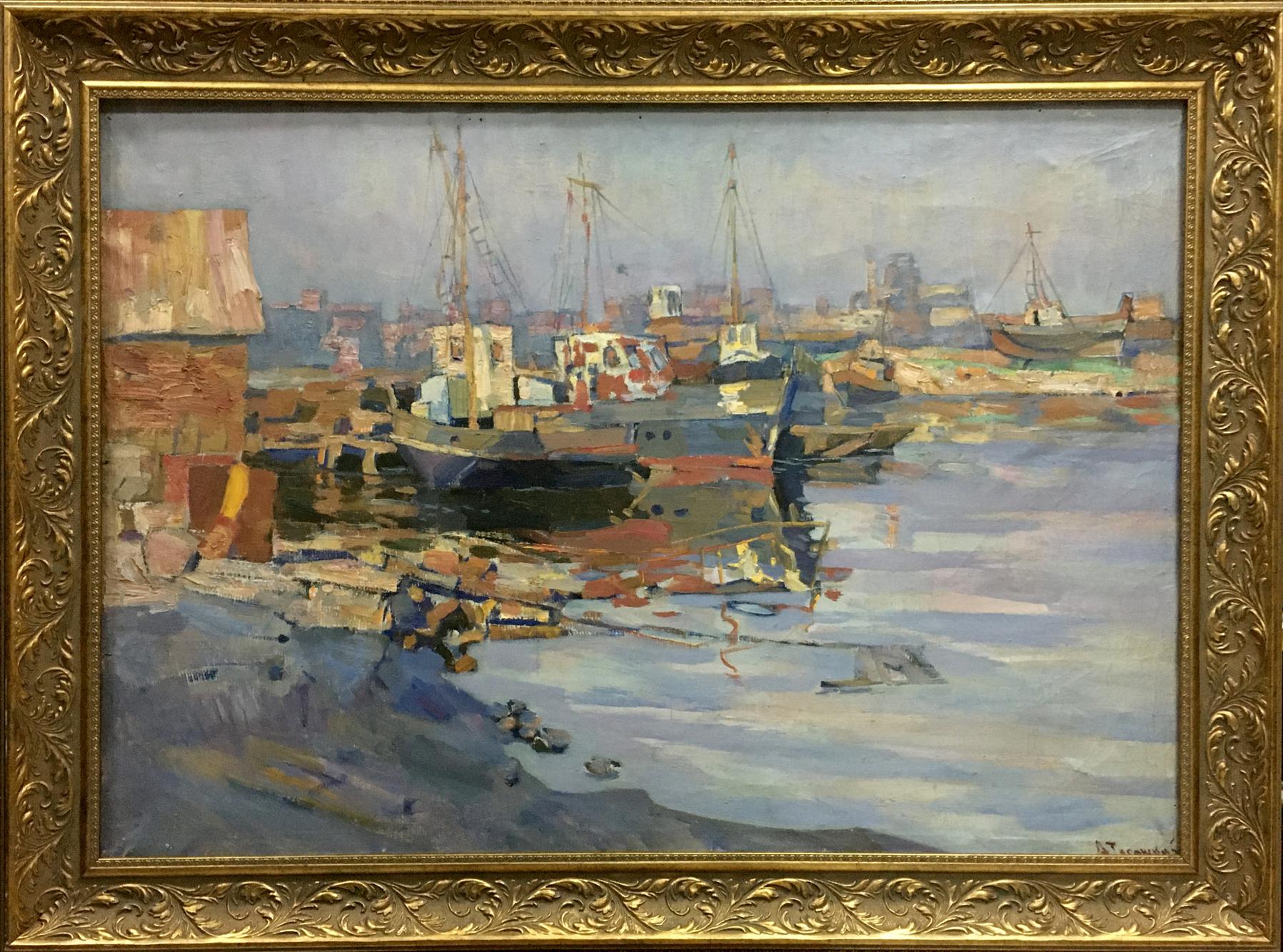 Framed impressionist harbor painting by Turansky Alexander Alekseevich
