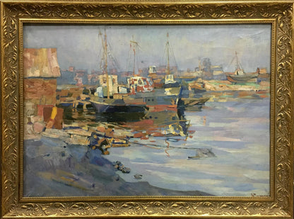 Framed impressionist harbor painting by Turansky Alexander Alekseevich