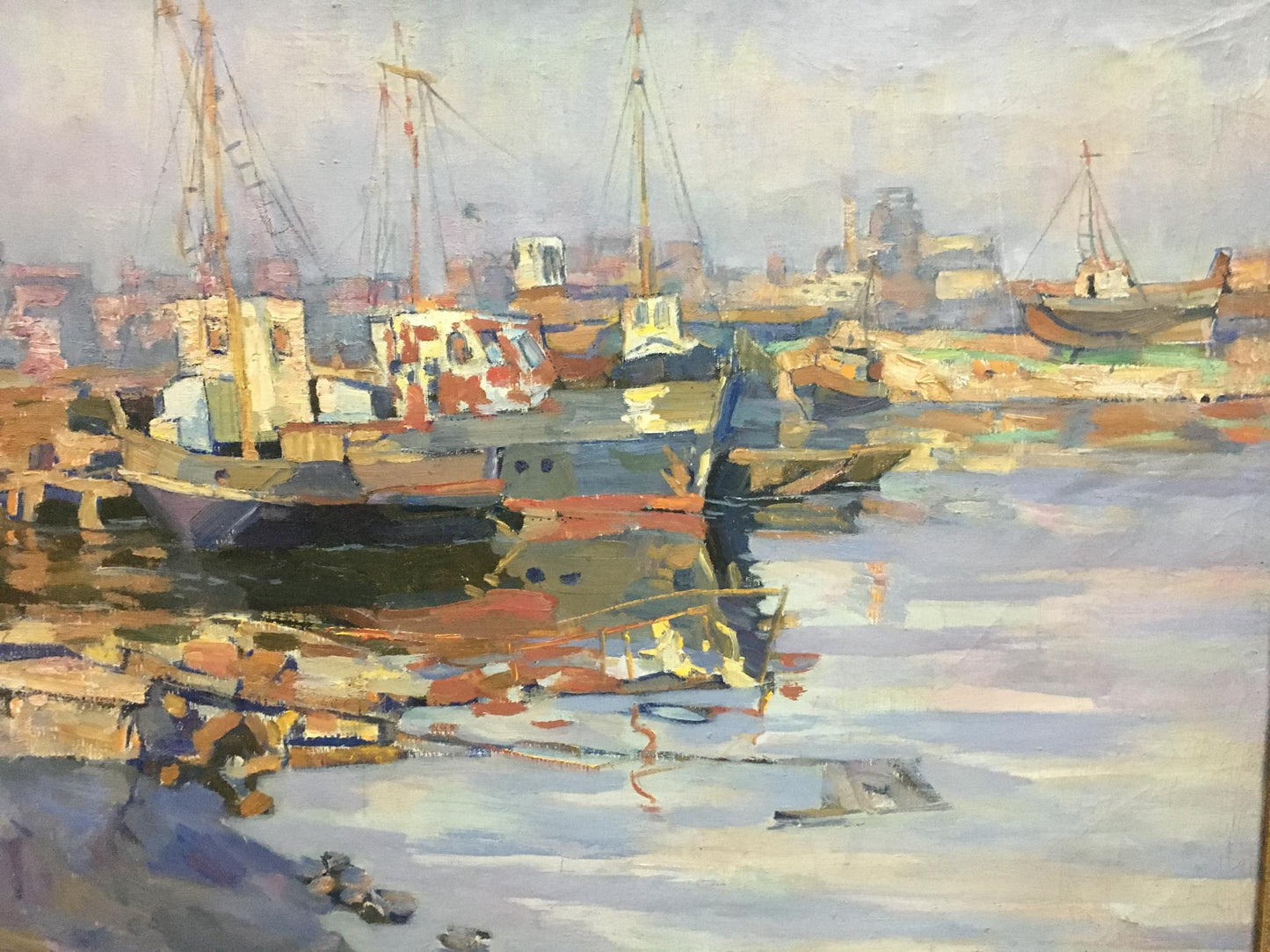 Textured impressionist oil painting of harbor by Turansky Alexander Alekseevich