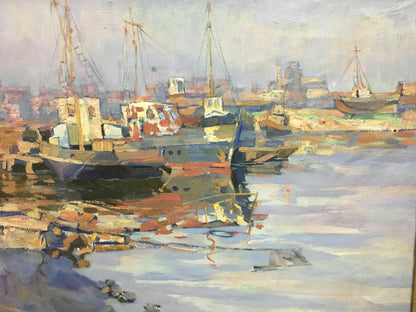 Textured impressionist oil painting of harbor by Turansky Alexander Alekseevich