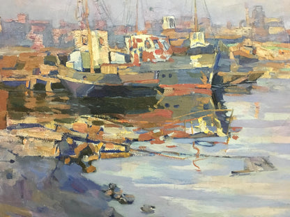 Impressionistic oil painting of harbor boats by Turansky Alexander Alekseevich