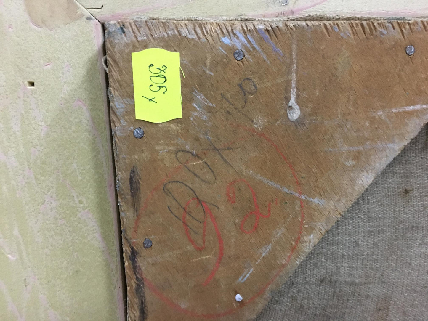 Back of Turansky Alexander Alekseevich ship port oil painting with brown wooden canvas backing, screws and yellow price tag