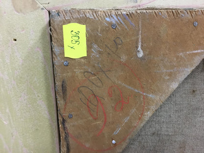 Back of Turansky Alexander Alekseevich ship port oil painting with brown wooden canvas backing, screws and yellow price tag