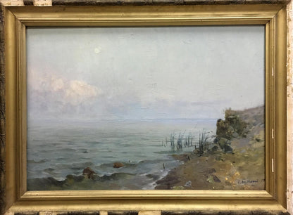 Framed oil painting of misty coastal landscape by Bezugly Daniil Ivanovich