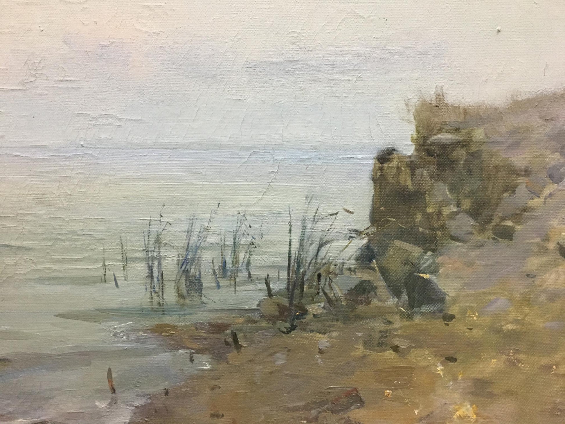 Textured oil painting of misty shoreline by Bezugly Daniil Ivanovich