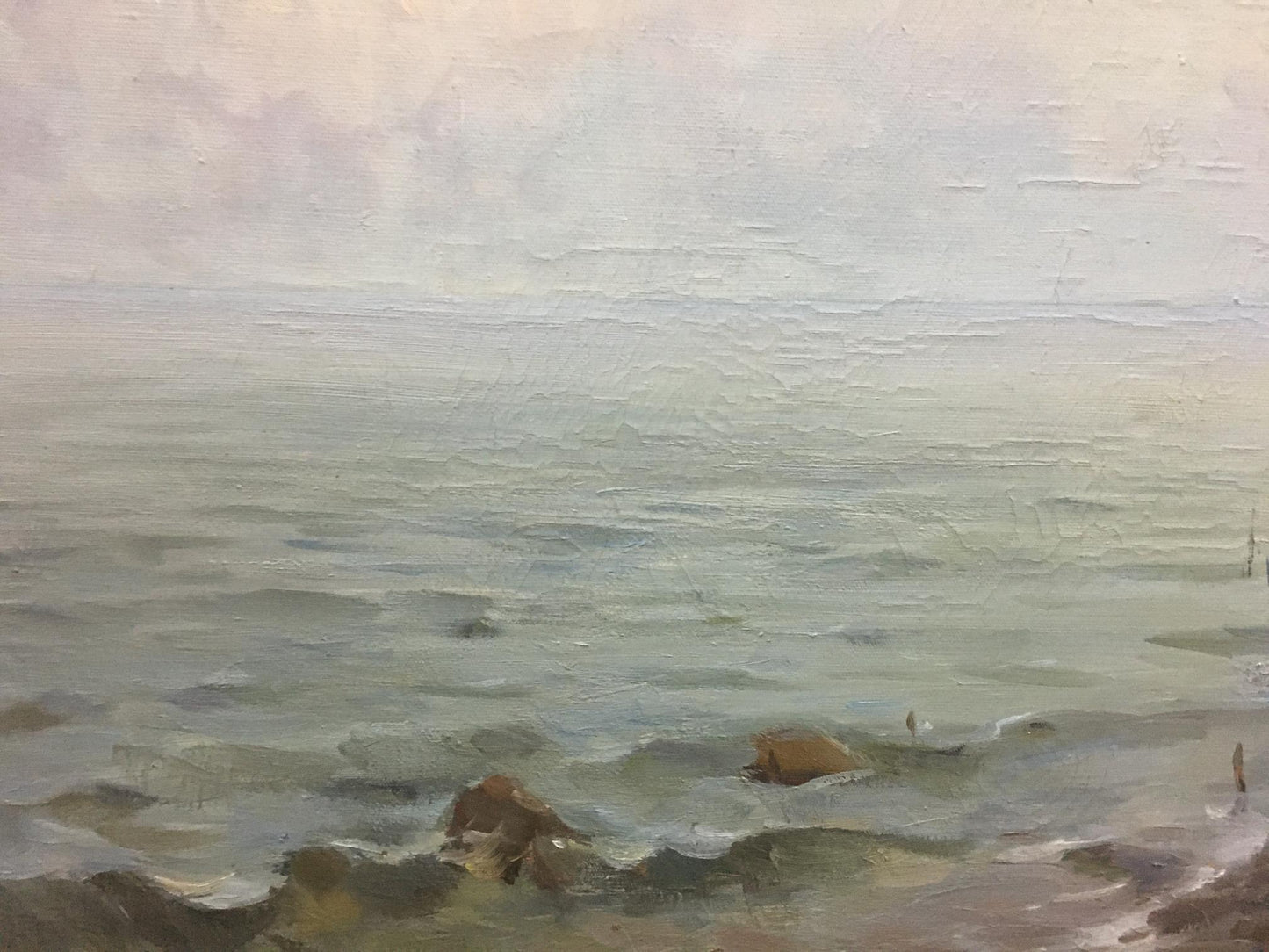 Textured impressionistic oil painting of misty shoreline by Bezugly Daniil Ivanovich