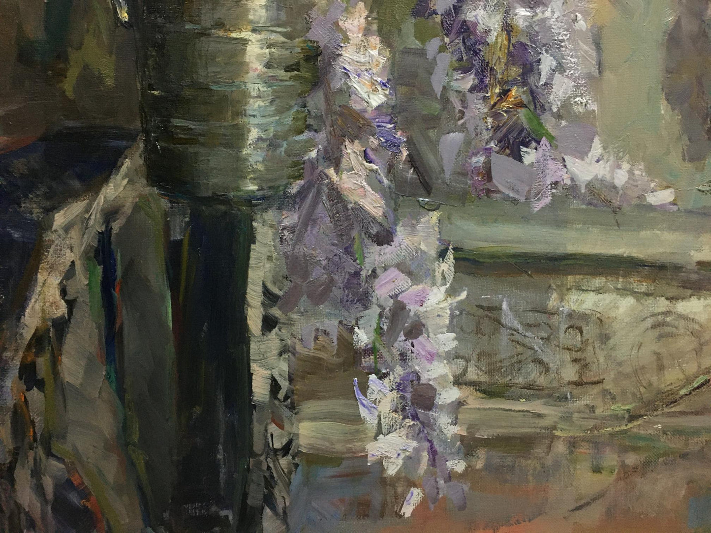 Oil painting Lilac Ryman by Evgeny Nikolaevich: purple wisteria by vase