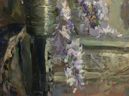 Oil painting Lilac Ryman by Evgeny Nikolaevich: purple wisteria by vase