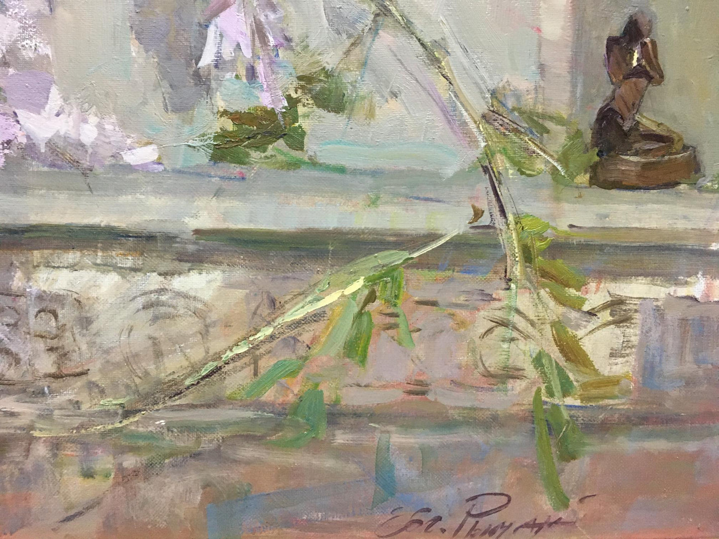 Oil painting Lilac by Ryman Evgeny Nikolaevich, soft-focus green plant