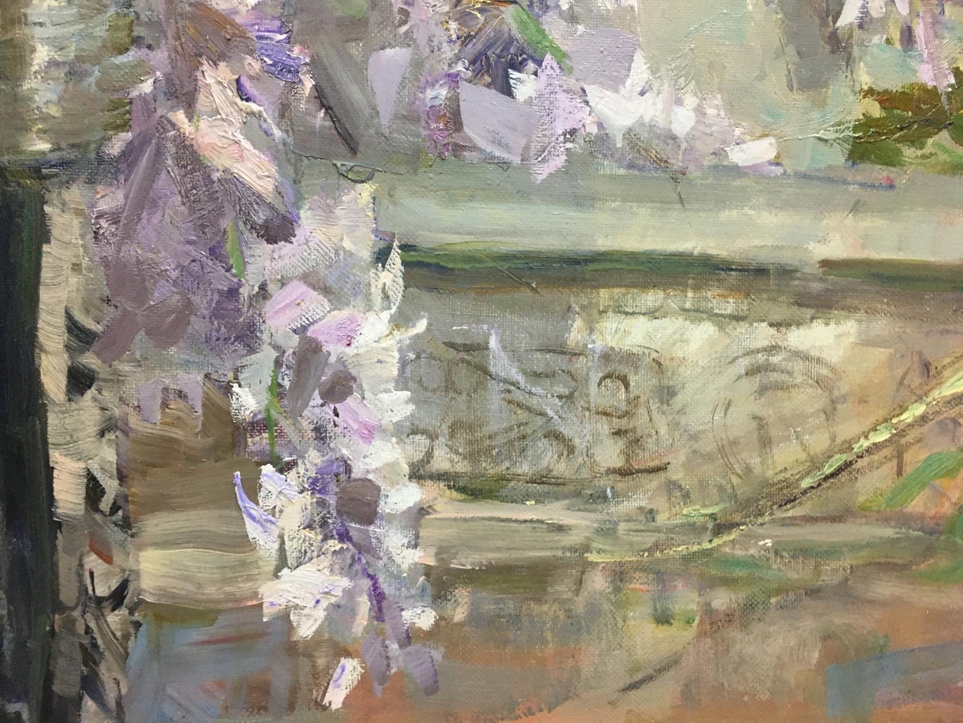 Oil painting Lilac Ryman by Evgeny Nikolaevich: purple white wisteria on stone ledge