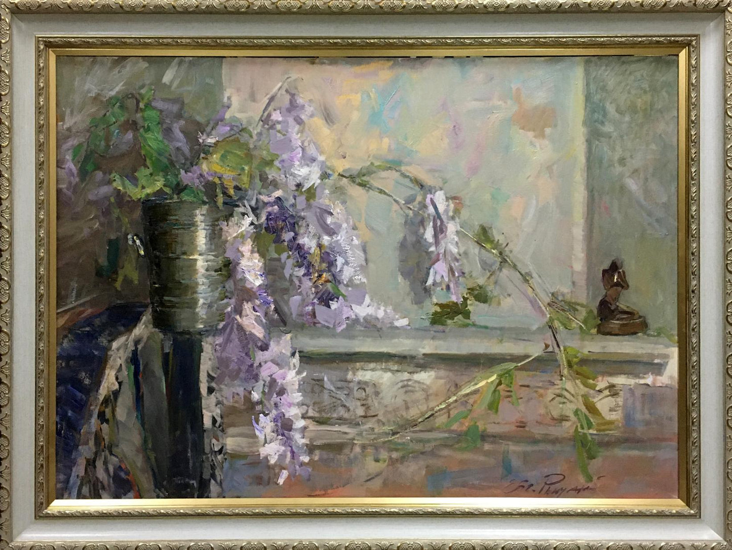 Oil painting Lilac Ryman by Evgeny Nikolaevich: silver vase with purple wisteria